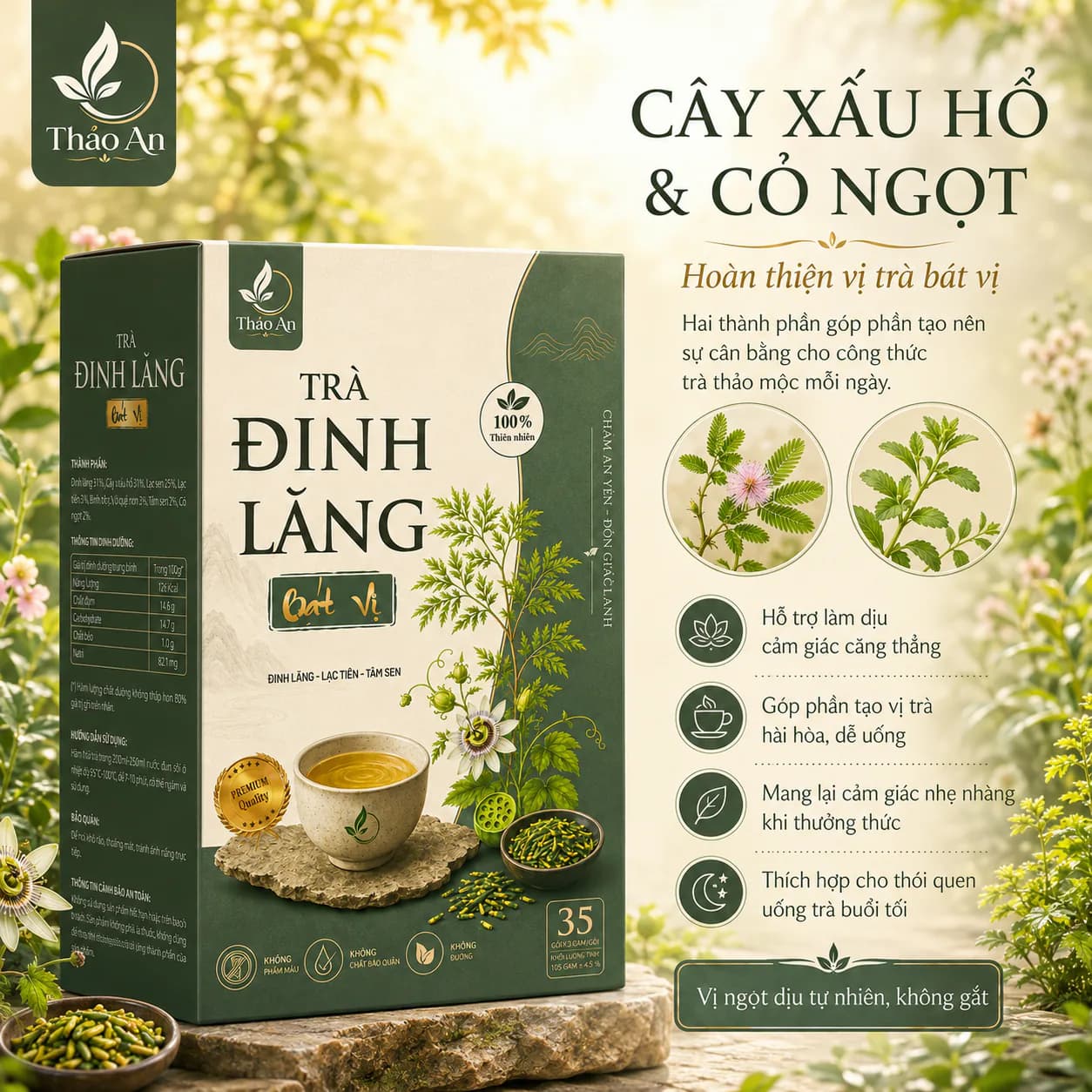 Thông tin về cây xấu hổ và cỏ ngọt trong Trà Đinh Lăng Bát Vị